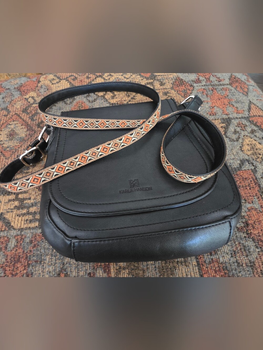 4/$67 Deal! Black Crossbody Bag with Patterned Strap